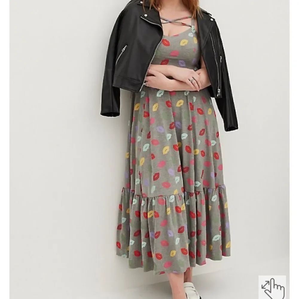 Torrid Gray Multi Color Lip Print Maxi Dress Contemporary Feminine Boho